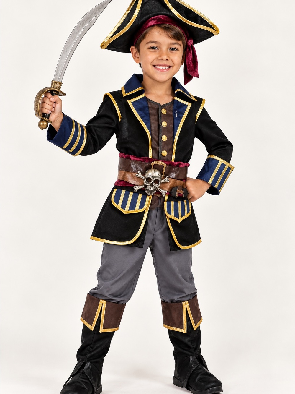 Classic Kids Pirate Captain Costume - Black with Navy & Gold Trim / Halloween